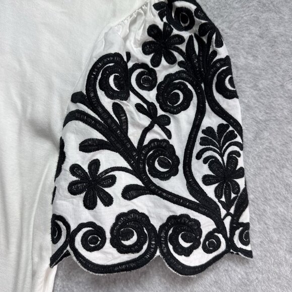 CATHERINE MALANDRINO Blouse M Black White Embroidered Floral Puff Sleeves Top - Picture 2 of 6